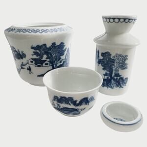 Vintage Hot Sake Cold Sake 4 Piece White and Blue Set
